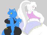  2020 4:3 5_fingers absurd_res anthro averagecrimson bedroom_eyes belly big_breasts big_butt big_ears black_eyes black_nose blue_body blue_eyes blue_fur blue_hair blush bottomwear breasts butt clothing cooki_max crop_top curvy_figure cutoffs denim denim_clothing digital_media_(artwork) domestic_cat duo eyelashes eyeshadow felid feline felis female fingers fur grey_background hair hair_over_eye hi_res huge_butt lagomorph larger_female leporid looking_at_viewer looking_back looking_back_at_viewer makeup mammal midriff milki_max narrowed_eyes no_pupils noseless one_eye_obstructed overweight overweight_anthro overweight_female pupils rabbit rear_view seductive shirt shorts side_belly simple_background sitting size_difference slightly_chubby smaller_female smile tank_top thick_thighs topwear voluptuous white_body white_fur white_hair white_pupils wide_hips 
