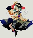  1girl black_footwear black_headwear blouse blush bow character_name closed_mouth floral_print green_skirt grey_background hand_up hat hat_bow ka_(marukogedago) long_sleeves looking_at_viewer shoes simple_background skirt smile solo touhou yellow_blouse yellow_bow 