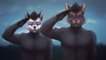  anthro black_body black_fur blue_eyes brown_body brown_fur catherinemeow clothed clothing detailed_background domestic_cat duo felid feline felis fur male mammal multicolored_body multicolored_fur two_tone_body two_tone_fur white_body white_fur 