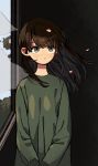  1girl brown_hair freckles green_eyes green_sweater highres ka_(marukogedago) long_hair long_sleeves looking_up original parted_lips solo standing sweater window 