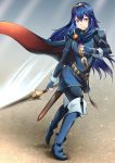  1girl ameno_(a_meno0) blue_hair boots breasts cape falchion_(fire_emblem) fingerless_gloves fire_emblem fire_emblem_awakening full_body gloves hair_between_eyes highres holding holding_sword holding_weapon leggings long_hair lucina_(fire_emblem) scabbard sheath silver_eyes small_breasts smile solo sword thigh_boots thighhighs tiara weapon 