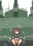  1girl breasts brown_eyes brown_hair commentary_request enjaku_izuku expressionless ground_vehicle highres hyuuga_(kantai_collection) japanese_flag kantai_collection military military_vehicle motor_vehicle o-i_superheavy_tank_series shirt short_hair skirt solo squatting tank white_background 