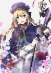 1girl absurdres artoria_pendragon_(all) artoria_pendragon_(caster) bangs beret blonde_hair blue_cape blue_headwear breasts cape double-breasted dress fate/grand_order fate_(series) green_eyes hat highres hitomin_(ksws7544) holding holding_staff huge_filesize long_hair long_sleeves looking_at_viewer multicolored multicolored_cape multicolored_clothes open_mouth petals small_breasts smile staff twintails white_dress 