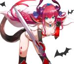  1girl absurdres armor bangs bat bent_over bikini bikini_armor black_legwear blue_eyes breasts cape claw_pose collarbone commentary_request diamond_(symbol) dragon_horns dragon_tail elizabeth_bathory_(brave)_(fate) elizabeth_bathory_(fate)_(all) eyebrows_visible_through_hair fate/grand_order fate_(series) hair_ribbon highres holding holding_sword holding_weapon horns hoshi_rasuku long_hair open_mouth oversized_clothes pink_hair pointy_ears purple_ribbon ribbon shoulder_armor sidelocks small_breasts socks solo swimsuit sword tail thighs weapon white_background white_cape 