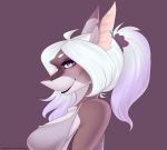  anthro breasts brown_body catherinemeow clothed clothing female fish hair marine multicolored_body non-mammal_breasts open_mouth open_smile ponytail purple_eyes shark simple_background smile solo two_tone_body white_body white_hair 