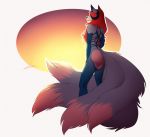  anthro breasts butt canid canine catherinemeow female fluffy fluffy_tail fur hair mammal multi_tail multicolored_body multicolored_fur nipples open_mouth open_smile red_hair smile solo 