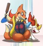  2020 ambiguous/ambiguous ambiguous_gender anthro ass_up black_butt braixen butt butt_focus canid canine duo floatzel fox fur hi_res holding_object holding_paddle lkiws mammal naughty_face nintendo orange_body paddle pok&eacute;mon pok&eacute;mon_(species) restrained screaming simple_background spanking video_games white_body white_fur wide_eyed 