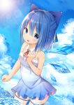  blue_eyes blue_hair blue_ribbon bow cirno clenched_hands cloud cowboy_shot detached_collar dress gradient_dress hair_bow half_updo hand_up highres ice ice_wings looking_at_viewer mamemochi neck_ribbon ocean outdoors ribbon short_dress short_hair sky sleeveless sleeveless_dress sun swimsuit thigh_ribbon touhou wings 