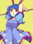  animal_ears bloomers blue_dress blue_hair breasts bunny_ears bunny_tail crescent dress eyebrows_visible_through_hair frilled_dress frilled_sleeves frills highres holding kurasaki_cosmos legacy_of_lunatic_kingdom mallet open_mouth puffy_short_sleeves puffy_sleeves red_eyes seiran_(touhou) short_sleeves simple_background stain star_(symbol) tail touhou underwear yellow_background 