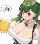  2girls aer7o alcohol alternate_costume bangs bare_shoulders beer black_hairband blue_eyes breasts cleavage collar collarbone cup dress drunk eyebrows_visible_through_hair g28_(girls_frontline) girls_frontline glass green_hair hair_between_eyes hair_ornament hair_ribbon hairband highres holding holding_cup kalina_(girls_frontline) large_breasts long_hair mole mole_on_breast multiple_girls orange_hair red_eyes red_ribbon ribbon short_sleeves side_ponytail smile thick_eyebrows white_background 