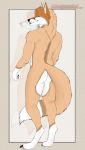  anthro big_butt butt canid canine fluffy fox fur hair hi_res looking_at_viewer looking_back male mammal multicolored_body multicolored_fur muscular muscular_anthro muscular_male orange_eyes orange_hair pawpads pink_pawpads simple_background solo standing tan_body tan_fur white_body white_fur xredpandax_(artist) 