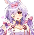  &gt;_&lt; 1girl ;d animal_ear_fluff animal_ears bare_shoulders blush bow breasts brown_eyes bunny_ears bunny_hair_ornament cleavage cleavage_cutout clothing_cutout commentary dress hair_bow hair_ornament hands_up head_tilt heart himesaki_yuzuru index_finger_raised long_hair looking_at_viewer low_twintails maki_soutoki medium_breasts noripro one_eye_closed open_mouth pink_bow purple_hair simple_background smile solo striped striped_bow symbol_commentary twintails virtual_youtuber white_background white_dress x_x 