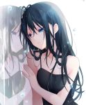  1girl bangs bare_arms bare_shoulders black_dress black_hair blue_eyes breasts cleavage closed_mouth commentary_request dress eyebrows_behind_hair hair_between_eyes highres kuroi_(liar-player) long_hair looking_away looking_to_the_side medium_breasts original reflection sleeveless sleeveless_dress solo strap_slip twitter_username upper_body very_long_hair water_drop white_background 