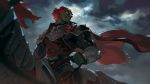  1boy armor belt blanco026 blurry blurry_foreground cape cloud cloudy_sky commentary_request dark dark_skin depth_of_field ear_piercing frayed_clothes ganondorf glowing glowing_eyes grin headpiece highres holding holding_reins horse horseback_riding looking_away looking_to_the_side male_focus outdoors piercing red_cape red_eyes red_hair reins riding short_hair shoulder_armor sideburns signature sky smile solo_focus the_legend_of_zelda the_legend_of_zelda:_ocarina_of_time thick_eyebrows twitter_username very_short_hair 