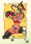  1girl abs armlet armor ass ass_visible_through_thighs bangs bikini bikini_armor breasts collarbone commentary_request crotch dark_elf dark_skin dated echidna_(queen&#039;s_blade) elf f.s. full_body green_hair groin hair_between_eyes highres holding holding_sword holding_weapon large_breasts lips long_hair looking_at_viewer multicolored_hair muscle muscular_female navel no_panties pointy_ears ponytail queen&#039;s_blade red_eyes revealing_clothes shield simple_background single_pauldron snake solo squatting swimsuit sword tan thick_thighs thighhighs thighs toned two-tone_hair underboob vambraces warrior weapon 