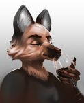  2018 alcohol anthro beverage brown_nose canid canine claws clothed clothing eyebrows eyes_closed fox fur gradient_background inner_ear_fluff male mammal pimpartist portrait red_body red_fur shirt simple_background smelling solo topwear traditional_media_(artwork) tuft wine wine_glass 
