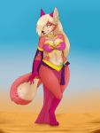  3:4 anthro big_breasts blizzard_entertainment breasts canid canine clothed clothing desert ear_piercing female fennec fluffy fox fur green_eyes hair harem_outfit hi_res long_hair looking_at_viewer mammal multicolored_body multicolored_fur piercing red_body red_fur sand simple_background skimpy sky smile solo tan_hair video_games vulpera warcraft white_body white_fur xredpandax_(artist) 