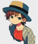  1girl brown_hair closed_mouth dress earrings fedora green_eyes grey_background hat highres jacket jewelry ka_(marukogedago) looking_at_viewer original red_dress shiny shiny_hair short_hair simple_background solo unmoving_pattern upper_body white_background 
