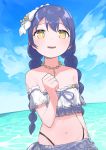  1girl absurdres bangs bikini blue_hair blush braid collar day detached_sleeves flower frilled_bikini frills goe_(g-o-e) hair_between_eyes hair_flower hair_ornament highres long_hair looking_at_viewer love_live! love_live!_school_idol_project navel ocean open_mouth smile solo sonoda_umi swimsuit twin_braids whale_tail white_bikini yellow_eyes 