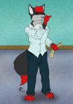  anthro black_body black_fur canid canine crazy-husky fox fur hair hi_res imminent_transformation lucky_star_(character) male mammal potion red_body red_fur red_hair solo white_body white_fur 