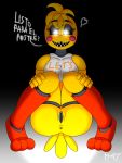  3:4 animatronic anthro anus black_sclera blush blush_stickers bottomless clothed clothing dialogue female five_nights_at_freddy&#039;s five_nights_at_freddy&#039;s_2 front_view genitals glowing glowing_eyes hi_res looking_at_viewer m-47 machine pussy robot sharp_teeth sitting solo spanish_text talking_to_viewer teeth text toy_chica_(fnaf) video_games white_eyes 