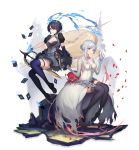  2girls absurdres alice_(sinoalice) bangs black_dress black_footwear black_gloves black_hair black_legwear blue_fire boots breasts card character_request check_character cleavage closed_mouth club_(shape) commentary_request diamond_(shape) dress dress_flower fire flower full_body gloves grey_dress heart high_heels highres holding holding_weapon l.kili large_breasts long_hair looking_at_viewer medium_breasts multiple_girls petals playing_card puffy_short_sleeves puffy_sleeves purple_legwear red_eyes red_flower short_hair short_sleeves silver_hair sinoalice sleeves_past_elbows smile snow_white_(sinoalice) spade_(shape) sword thigh_boots thigh_strap thighhighs torn_clothes torn_dress weapon white_background white_dress 