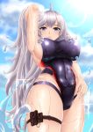  1girl absurdres algerie_(azur_lane) alternate_costume artist_request azur_lane breasts covered_navel eyebrows_visible_through_hair from_below hand_in_hair highleg highleg_swimsuit highres large_breasts long_hair looking_at_viewer one-piece_swimsuit purple_eyes purple_swimsuit sideboob silver_hair skindentation solo swimsuit thigh_strap very_long_hair water wet 