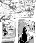  baby_pok&eacute;mon bag bridge dialogue eevee greyscale hi_res koray_(clockwork_journeys) monochrome nintendo pok&eacute;mon pok&eacute;mon_(species) pok&eacute;mon_mystery_dungeon riolu speech_bubble text video_games vivian_(clockwork_journeys) xetajts 