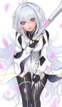  1girl bangs breasts deras dress eyebrows_visible_through_hair fate/grand_order fate_(series) fingerless_gloves gloves hand_on_thigh highres long_hair looking_at_viewer merlin_(fate/prototype) open_mouth petals pink_eyes smile solo staff thighhighs very_long_hair white_background white_hair 