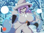  anthro big_breasts bottomless breasts butt_from_the_front clothed clothing elemental_manipulation female froslass genitals hair hybrid ice looking_at_viewer magic magic_user mastergodai mismagius navel nintendo outside pok&eacute;mon pok&eacute;mon_(species) purple_hair pussy solo video_games witch 