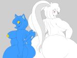  2020 4:3 5_fingers absurd_res anthro averagecrimson bedroom_eyes belly big_breasts big_butt big_ears black_eyes black_nose blue_body blue_eyes blue_fur blue_hair blush bottomwear breasts butt clothing cooki_max crop_top curvy_figure digital_media_(artwork) domestic_cat duo eyelashes eyeshadow felid feline felis female fingers fur grey_background hair hair_over_eye hi_res huge_butt lagomorph larger_female leporid looking_at_viewer looking_back looking_back_at_viewer makeup mammal midriff milki_max narrowed_eyes no_pupils noseless nude one_eye_obstructed overweight overweight_anthro overweight_female pupils rabbit rear_view seductive shirt shorts side_belly side_boob simple_background sitting size_difference slightly_chubby smaller_female smile tank_top thick_thighs topwear voluptuous white_body white_fur white_hair white_pupils wide_hips 