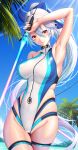  1girl arm_up armpits bangs beach blue_bow blue_sky blue_swimsuit bow breasts closed_mouth energy_sword fate/grand_order fate_(series) hair_between_eyes hair_bow highleg highleg_swimsuit large_breasts long_hair looking_at_viewer one-piece_swimsuit ponytail red_eyes silver_hair sky smile swimsuit sword thigh_strap thighs tomoe_gozen_(fate/grand_order) tomoe_gozen_(swimsuit_saber)_(fate) two-tone_swimsuit weapon white_swimsuit zukky 