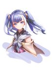  1girl atelier_(series) atelier_ryza atelier_ryza_2 bow braid capelet closed_mouth crown_braid hair_ornament halterneck highres long_hair looking_at_viewer patricia_abelheim purple_eyes purple_hair sailor_collar solo spica_(starlitworks) striped striped_bow twintails upper_body white_sailor_collar 
