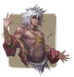  1boy abs absurdres bracelet collarbone dark_skin dark_skinned_male dated grin hair_between_eyes highres jay_b_lee jewelry looking_at_viewer male_focus messy_hair millennium_ring mixed-language_commentary necklace pectorals scar scar_across_eye short_hair silver_hair smile solo touzokuou_bakura upper_body wide_sleeves yuu-gi-ou yuu-gi-ou_duel_monsters 