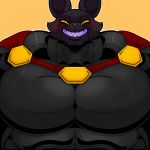  1:1 anthro armor big_muscles black_body black_fur blush cartoon_network domestic_cat einthebusinessdeer felid feline felis fur grin hi_res huge_muscles hyper hyper_muscles male mammal mao_mao:_heroes_of_pure_heart muscular muscular_anthro muscular_male pecs shin_mao smile solo yellow_eyes 