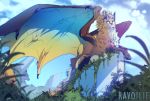  2020 4_toes ambiguous_gender blue_eyes brown_body brown_fur day detailed_background digital_media_(artwork) dragon feral fur furred_dragon hi_res membrane_(anatomy) membranous_wings outside paws ravoilie sky solo toes wings 