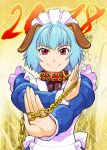  1girl 2018 animal_ears blue_hair chinese_zodiac closed_mouth collar dog_ears dorae_tachibana_doryaef highres looking_at_viewer maid short_hair smile tsumanuda_fight_town ueyama_michirou 