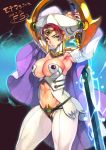  1girl abs armor armpits arms_behind_head arms_up artist_name belt breasts cape center_opening claudette_(queen&#039;s_blade) cleavage commentary_request dated electricity f.s. green_eyes hat highres holding holding_sword holding_weapon jewelry large_breasts lips long_hair looking_at_viewer muscle muscular_female navel official_art pants parted_lips queen&#039;s_blade queen&#039;s_blade_rebellion red_hair revealing_clothes solo sword weapon white_pants 