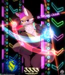  2019 absurd_res ambiguous_gender anthro canid canine canis confident detailed_background hair hi_res japanese_wolf laser mammal marou midair number purple_eyes purple_hair senz solo sound_voltex text url video_game_mechanics wolf 
