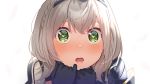  1girl :o absurdres ahoge black_gloves blush braid commentary_request french_braid gloves green_eyes hairband hand_to_own_mouth heart heart-shaped_pupils highres hololive lips looking_at_viewer open_mouth shirogane_noel silver_hair simple_background solo symbol-shaped_pupils teeth tonari_no_kai_keruberosu upper_body virtual_youtuber white_background 