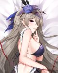  1girl bed_sheet blue_flower blue_rose blush breasts dakimakura finger_to_mouth flower frills gou_lianlian_dogface hair_flower hair_ornament hair_over_one_eye honkai_(series) honkai_impact_3rd large_breasts light_brown_hair long_hair looking_at_viewer lying mole mole_under_eye on_side plant purple_eyes rita_rossweisse rita_rossweisse_(fallen_rosemary) rose sample sideboob smile solo thorns upper_body veil very_long_hair vines 