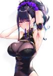  1girl armlet armpits arms_behind_head arms_up bangs bare_shoulders black_swimsuit blush breasts cleavage commentary_request eyebrows_visible_through_hair fate/grand_order fate_(series) flower gold_trim hair_flower hair_ornament hair_tie_in_mouth hair_up highleg highleg_swimsuit highres large_breasts long_hair mouth_hold murasaki_shikibu_(fate) murasaki_shikibu_(swimsuit_rider)_(fate) one-piece_swimsuit pochi_(pochi-goya) purple_eyes purple_hair sidelocks sweat swimsuit tied_hair tying_hair white_background 