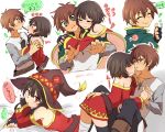  banchii bandaged_leg bandages belt black_gloves black_hair black_legwear blush brown_hair cape dress fingerless_gloves gloves hat hug hug_from_behind jacket kono_subarashii_sekai_ni_shukufuku_wo! megumin multiple_boys multiple_girls multiple_views open_mouth red_eyes satou_kazuma short_hair single_thighhigh thighhighs witch_hat 