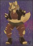  2018 anthro bottomwear breasts brown_hair brown_nose canid canine canis character_request clothed clothing deervvitch domestic_dog female fingerless_gloves fully_clothed gloves green_eyes hair handwear horn mammal navel shorts simple_background solo spikes standing torn_clothing 