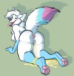  anthro anus blush bodily_fluids canid canine female fox genital_fluids genitals hi_res kneeling mammal peeing piss_on_self pussy skunkbutts solo tongue tongue_out urine watersports 