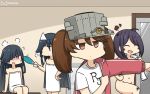  4girls @_@ ahoge ariake_(kantai_collection) bench black_hair brown_eyes closed_eyes clothes_writing convenient_censoring door dual_persona fan fanning ghost hair_over_one_eye hamu_koutarou hayashimo_(kantai_collection) highres jacket kantai_collection long_hair multiple_girls nude paper_fan red_jacket ryuujou_(kantai_collection) shirt smile t-shirt towel track_jacket triangular_headpiece twintails uchiwa undressing upper_body very_long_hair visor_cap white_towel x_navel 