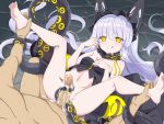  1boy 1girl ass azur_lane bare_shoulders barefoot black_camisole bottomless breasts camisole censored commentary_request cum ejaculation erection feet handjob highres kneepits leg_grab legs legs_up long_hair looking_at_viewer lying mosaic_censoring navel nude observer_alpha_(azur_lane) on_back penis pov small_breasts smile soles spread_legs strapless_camisole tentacles thighs toes tongue tongue_out very_long_hair white_hair yaomai yellow_eyes 
