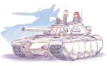  3girls artist_request black_eyes blonde_hair blush breasts caterpillar_tracks commentary_request emblem ground_vehicle gundam highres light_brown_hair long_hair looking_at_viewer magella-eins military military_uniform military_vehicle motor_vehicle multiple_girls orange_hair original smile tank traditional_media twintails uniform 