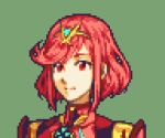  1girl bangs close-up closed_mouth english_commentary face fire_emblem glaceo green_background lowres parody pixel_art portrait pyra_(xenoblade) red_eyes red_hair short_hair solo style_parody upper_body xenoblade_chronicles_(series) xenoblade_chronicles_2 