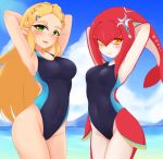  :3 :d armpits arms_behind_head arms_up ayatori_(aytr) bare_hips black_swimsuit blonde_hair blue_sky blush braid breasts closed_mouth cloud covered_navel cowboy_shot crescent crown_braid day green_eyes groin hair_ornament hairclip highleg highleg_swimsuit highres long_hair looking_at_viewer medium_breasts mipha mountainous_horizon open_mouth orange_eyes outdoors pointy_ears princess_zelda red_skin sidelocks skin_tight sky small_breasts smile swimsuit the_legend_of_zelda the_legend_of_zelda:_breath_of_the_wild very_long_hair water white_skin 
